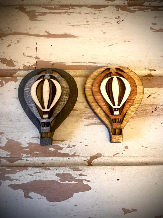 Stacked Hot Air Balloon 3-Layer Wood Refrigerator Magnet | Brown & Gray Tones | Home Decor Gift