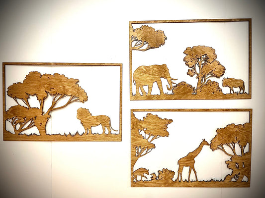 African & Jungle Wildlife Wood Wall Art | Elephant, Lion & Giraffe at Tree of Life | 3-Panel Set | Multiple Finishes