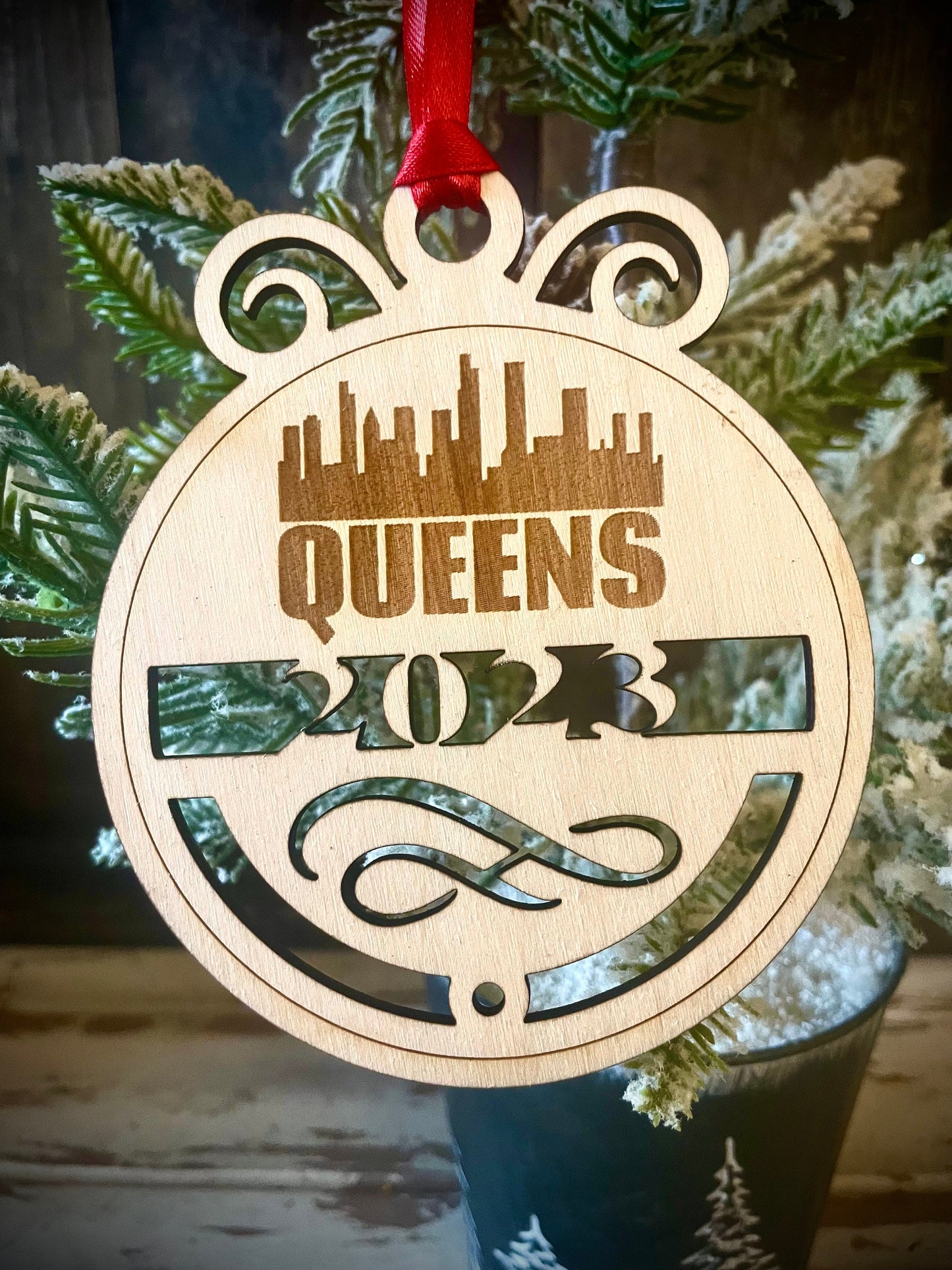 Queens Skyline Wood Ornament | Choice of Year | 4" x 4.75" | Travel Souvenir Gift