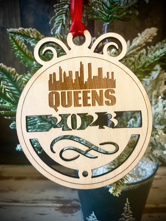 Queens Skyline Wood Ornament | Choice of Year | 4" x 4.75" | Travel Souvenir Gift
