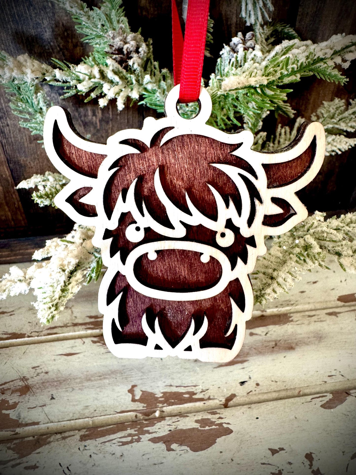 Juvenile Highland Cattle Scottish Highland 2-Layer Wood Christmas Ornament & Gift Tag | Multiple Finishes | Animal Gift
