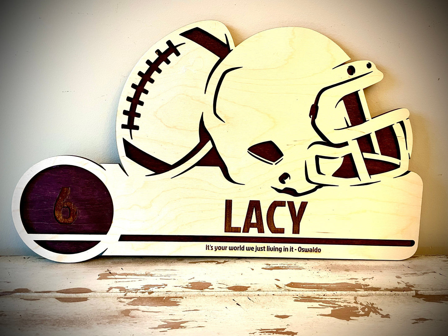 Custom Football Wood Plaque | Player Name & Number Engraved | Helmet & Football Design