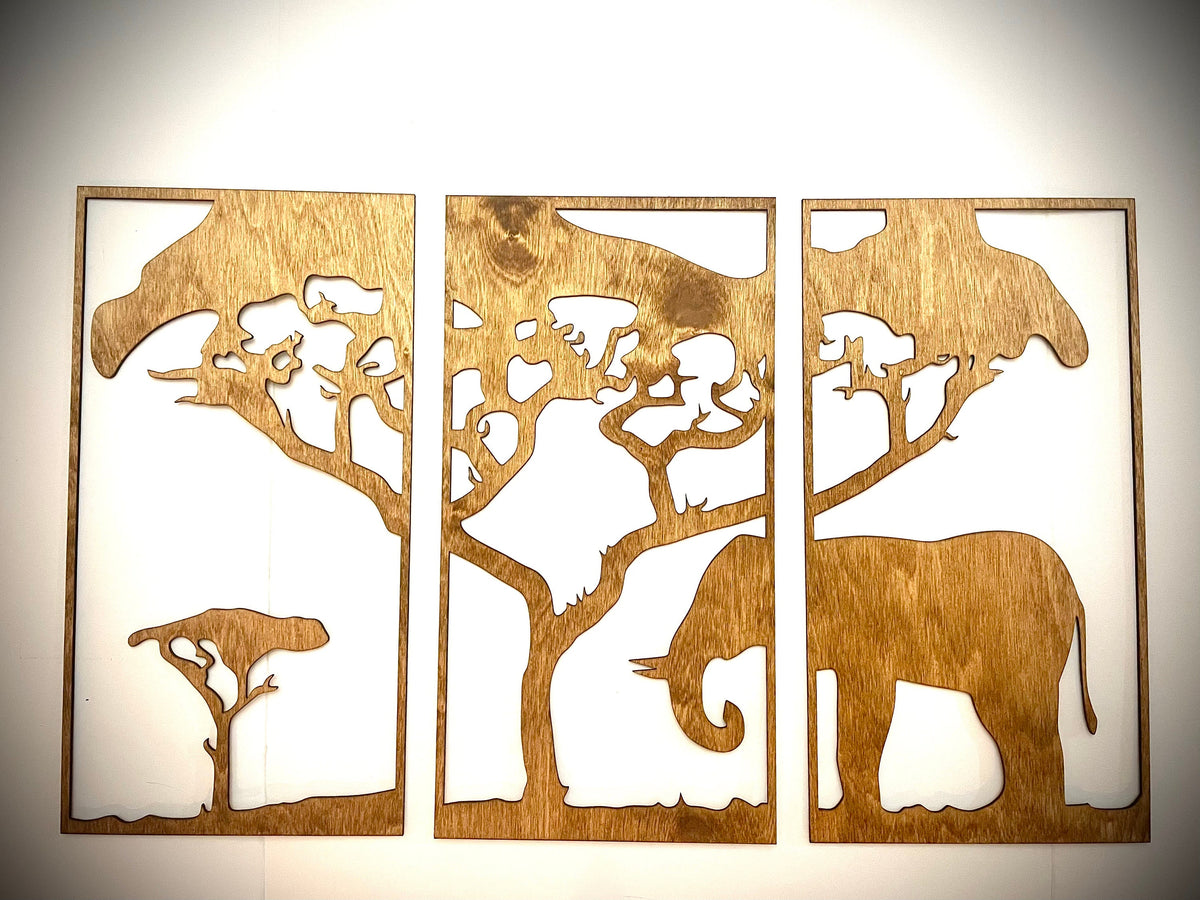 Elephant at Tree of Life Wood Wall Art | 3-Panel Set | Multiple Sizes & Finishes