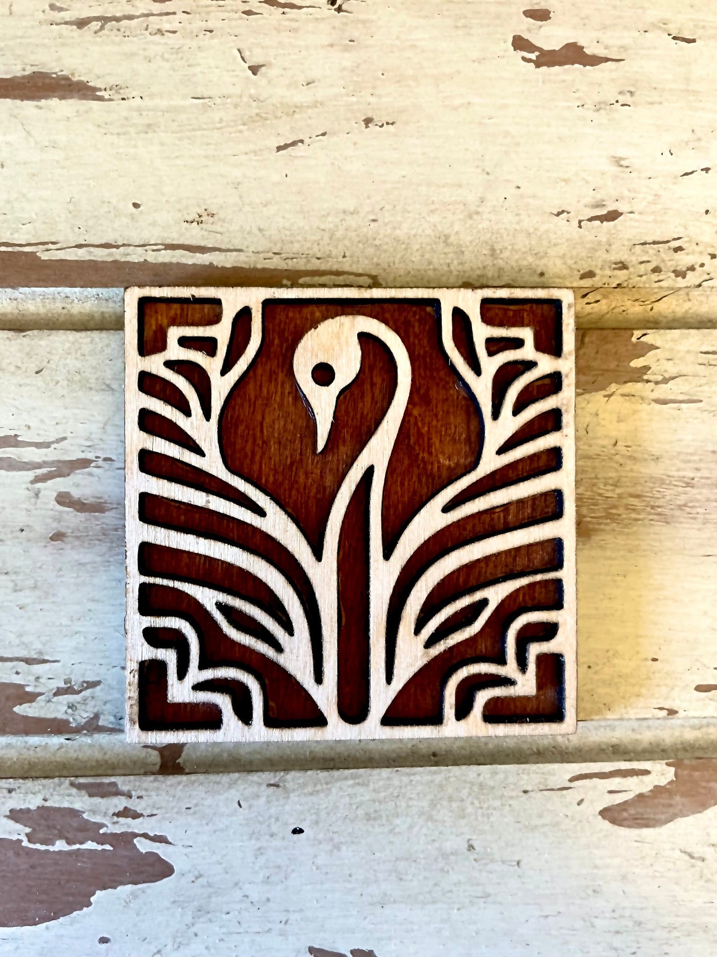 Boho Art Deco Swan 2-Layer Square Wood Magnet | 12 Finishes | Boho Gift