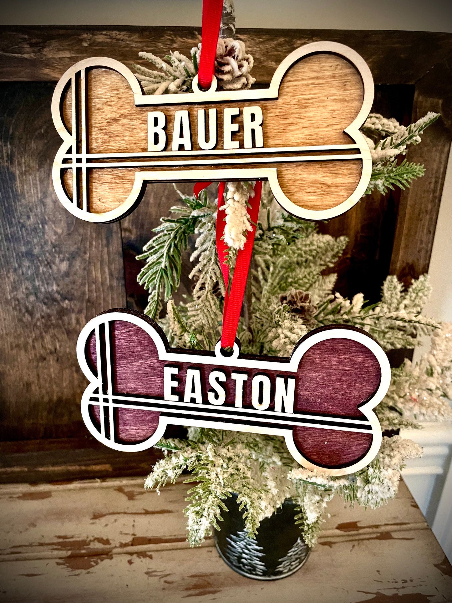 Large 6 Inch Dog Bone Personalized 2-Layer Wood Christmas Ornament & Gift Tag | Multiple Finishes | Dog Lover Gift