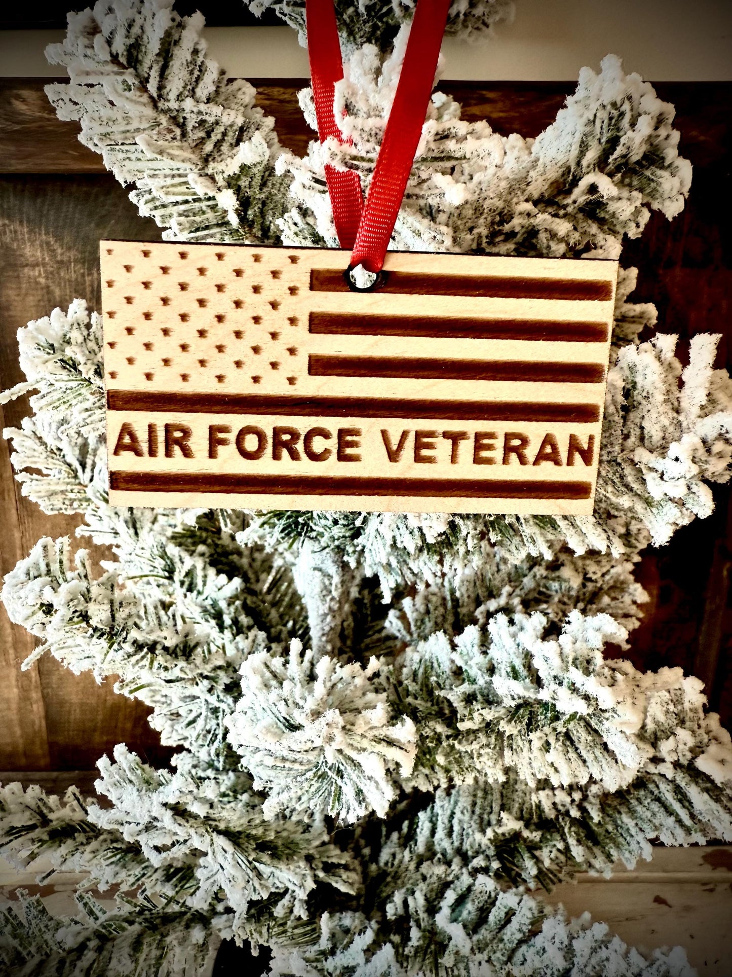 Air Force Veteran Engraved US Flag Wood Ornament | Patriotic Gift | Military Gift