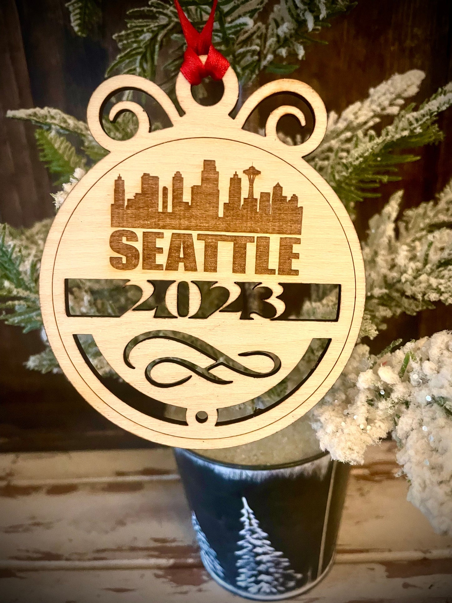 Seattle Skyline Wood Ornament | Choice of Year | 4" x 4.75" | Travel Souvenir Gift