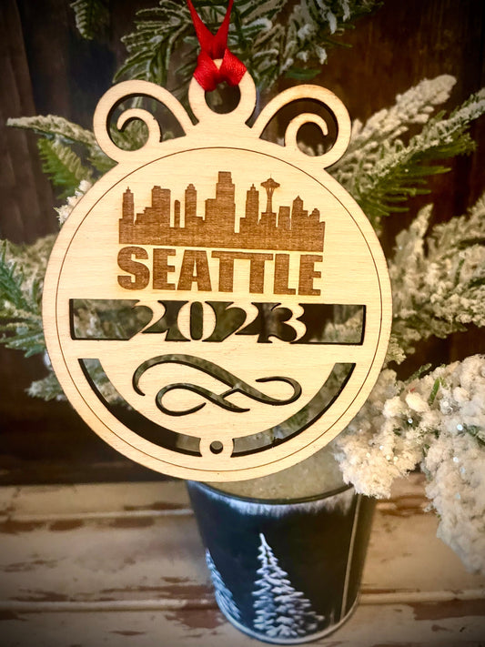 Seattle Skyline Wood Ornament | Choice of Year | 4" x 4.75" | Travel Souvenir Gift