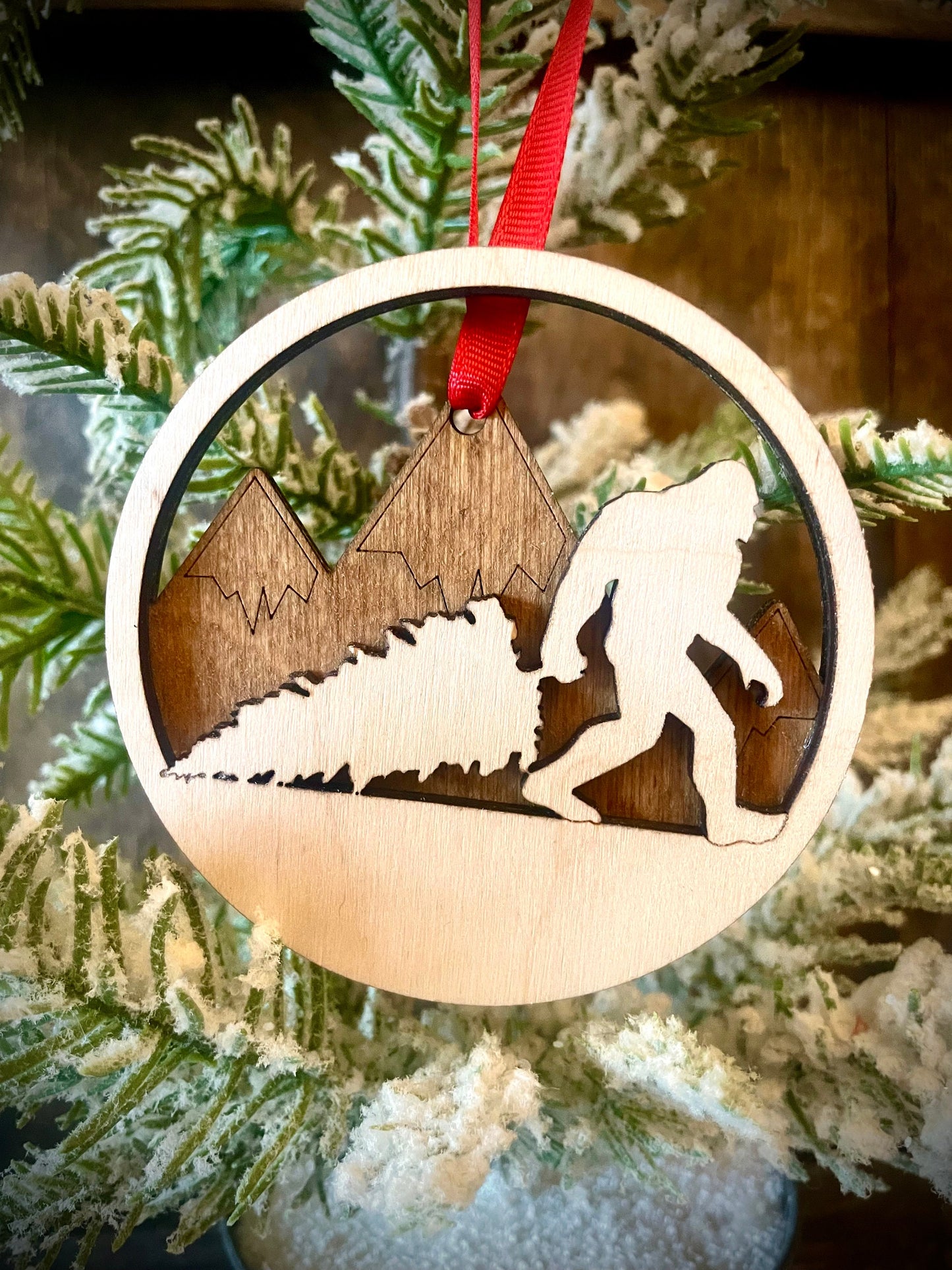 Bigfoot Dragging Christmas Tree Personalized 2-Layer Wood Christmas Ornament & Gift Tag | Multiple Finishes | Funny Gift