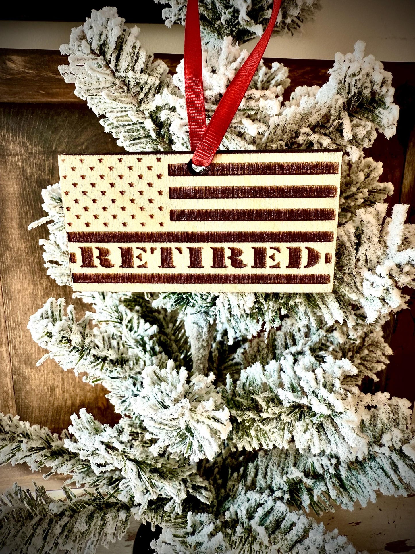Retired Military Police Veteran Engraved US Flag Wood Ornament | Patriotic Gift | Military Gift