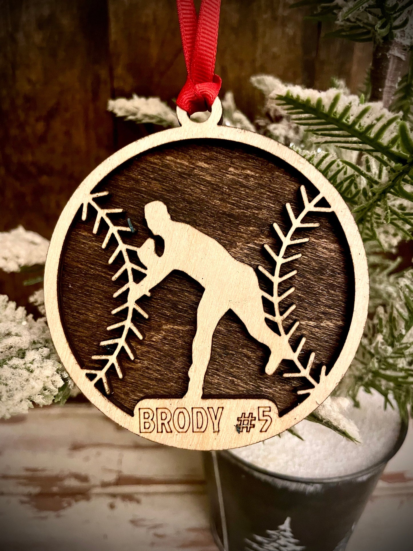 Left-Handed Pitcher Baseball Player Personalized 2-Layer Wood Christmas Ornament & Gift Tag | Multiple Finishes | Baseball Gift (#2)