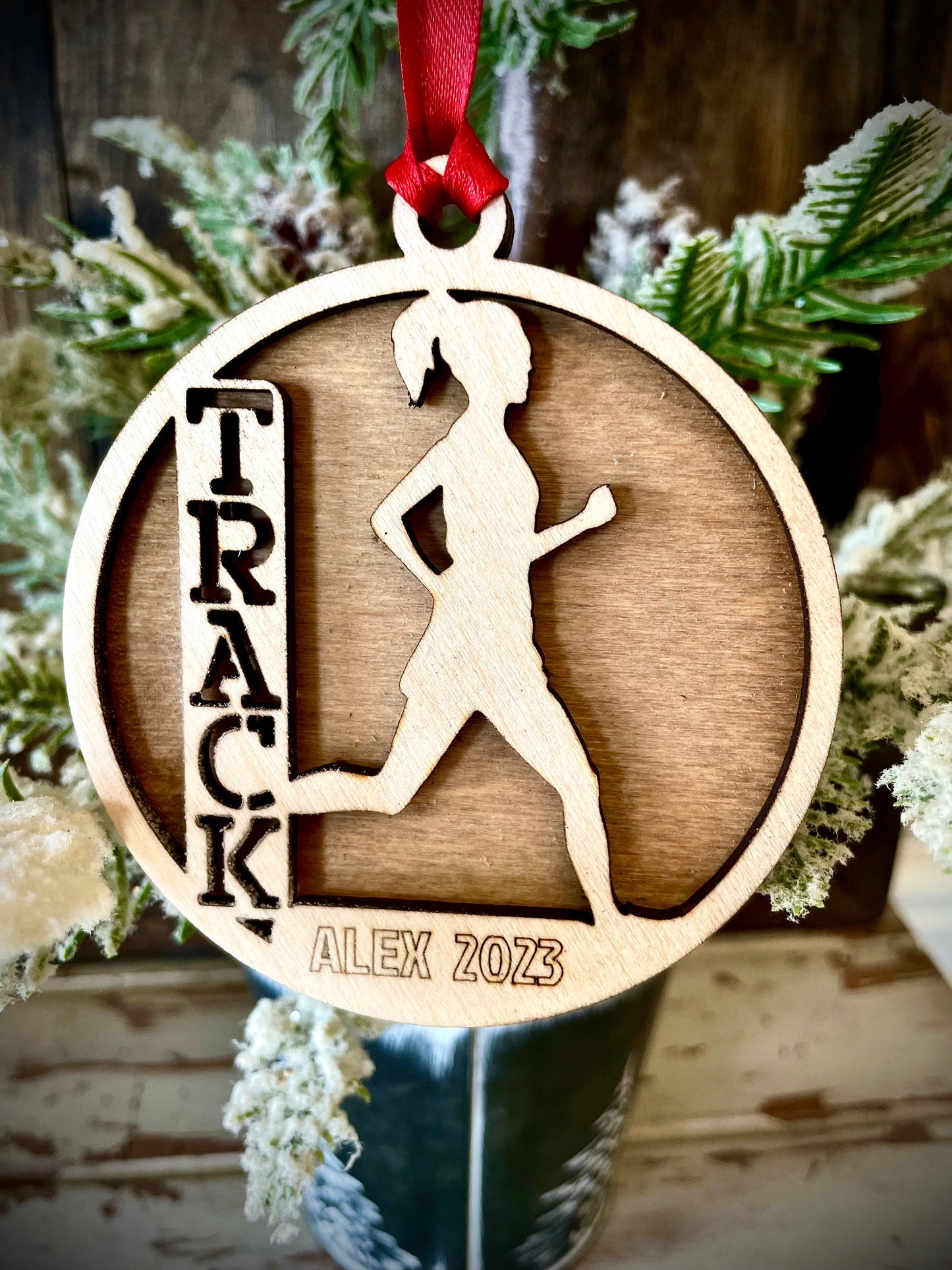 Female Track Runner Personalized 2-Layer Wood Christmas Ornament & Gift Tag | Multiple Finishes | Track Gift (#6)