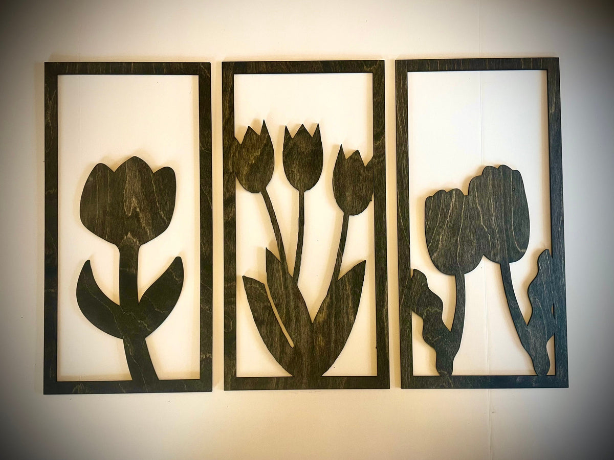 Boho Modern Tulip Mandala Wood Wall Art 3-Panel Set - front view