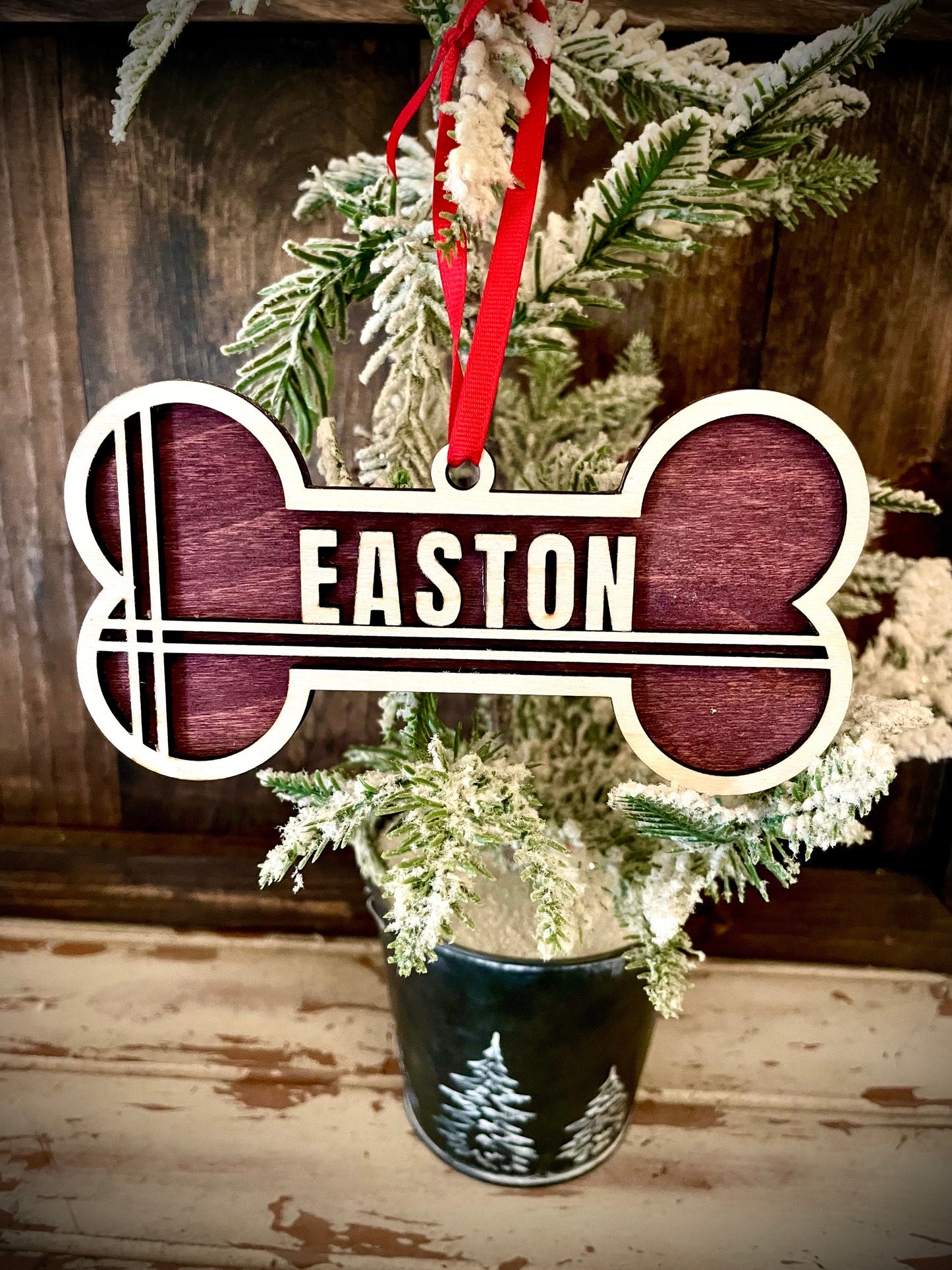 Large 6 Inch Dog Bone Personalized 2-Layer Wood Christmas Ornament & Gift Tag | Multiple Finishes | Dog Lover Gift