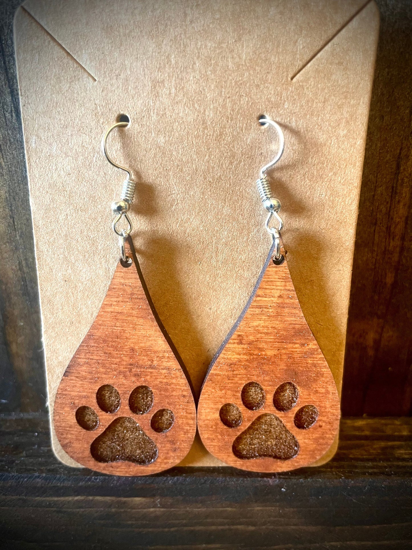 Dog Paw Teardrop Wood Dangle Earrings | Cut Out or Engraved | 3 Sizes, 12 Finishes