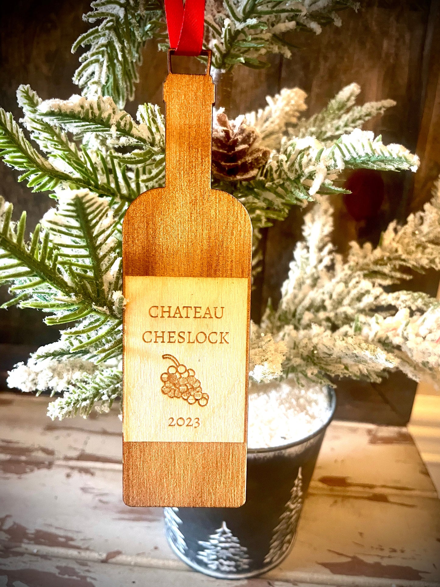 Personalized Wine Bottle Engraved Wood Christmas Ornament & Gift Tag | Wine Lover Gift