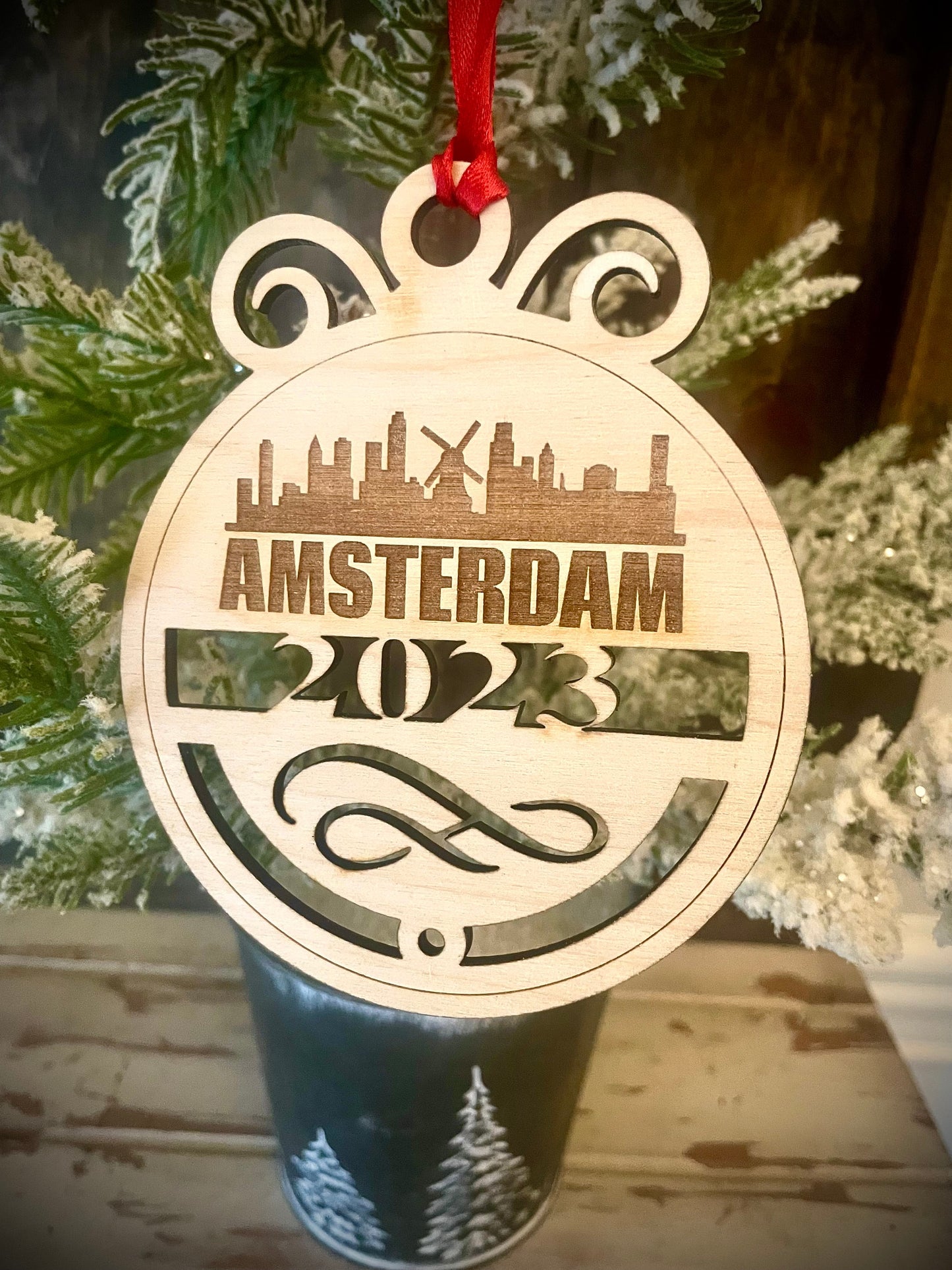 Amsterdam Skyline Wood Ornament | Choice of Year | 4" x 4.75" | Travel Souvenir Gift