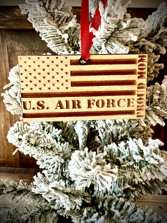 US Air Force Proud Mom Engraved US Flag Wood Ornament | Patriotic Gift | Military Gift