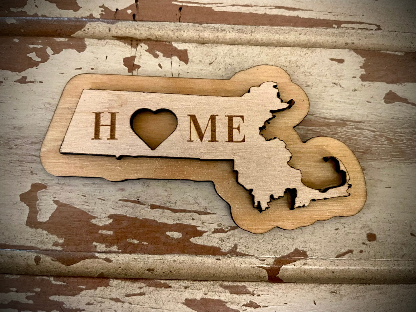 Massachusetts HOME 2-Layer Wood Refrigerator Magnet | 12 Finishes | State Pride Gift
