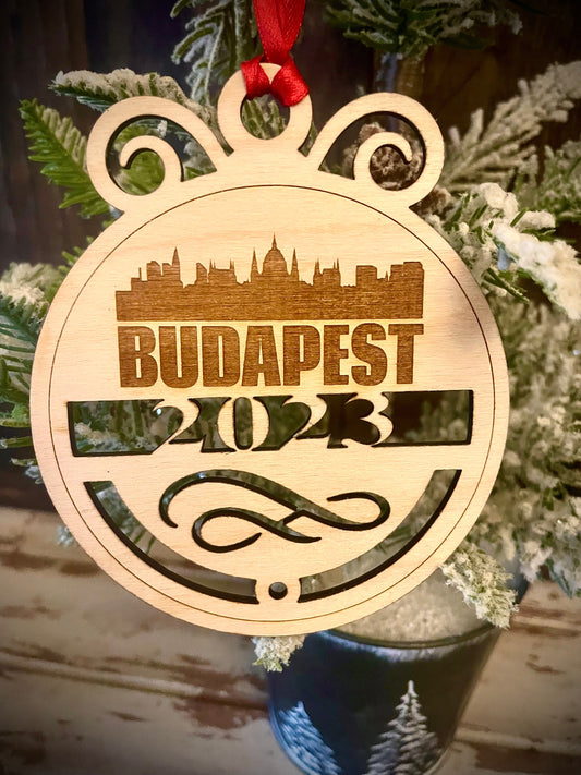 Budapest Skyline Wood Ornament | Choice of Year | 4" x 4.75" | Travel Souvenir Gift