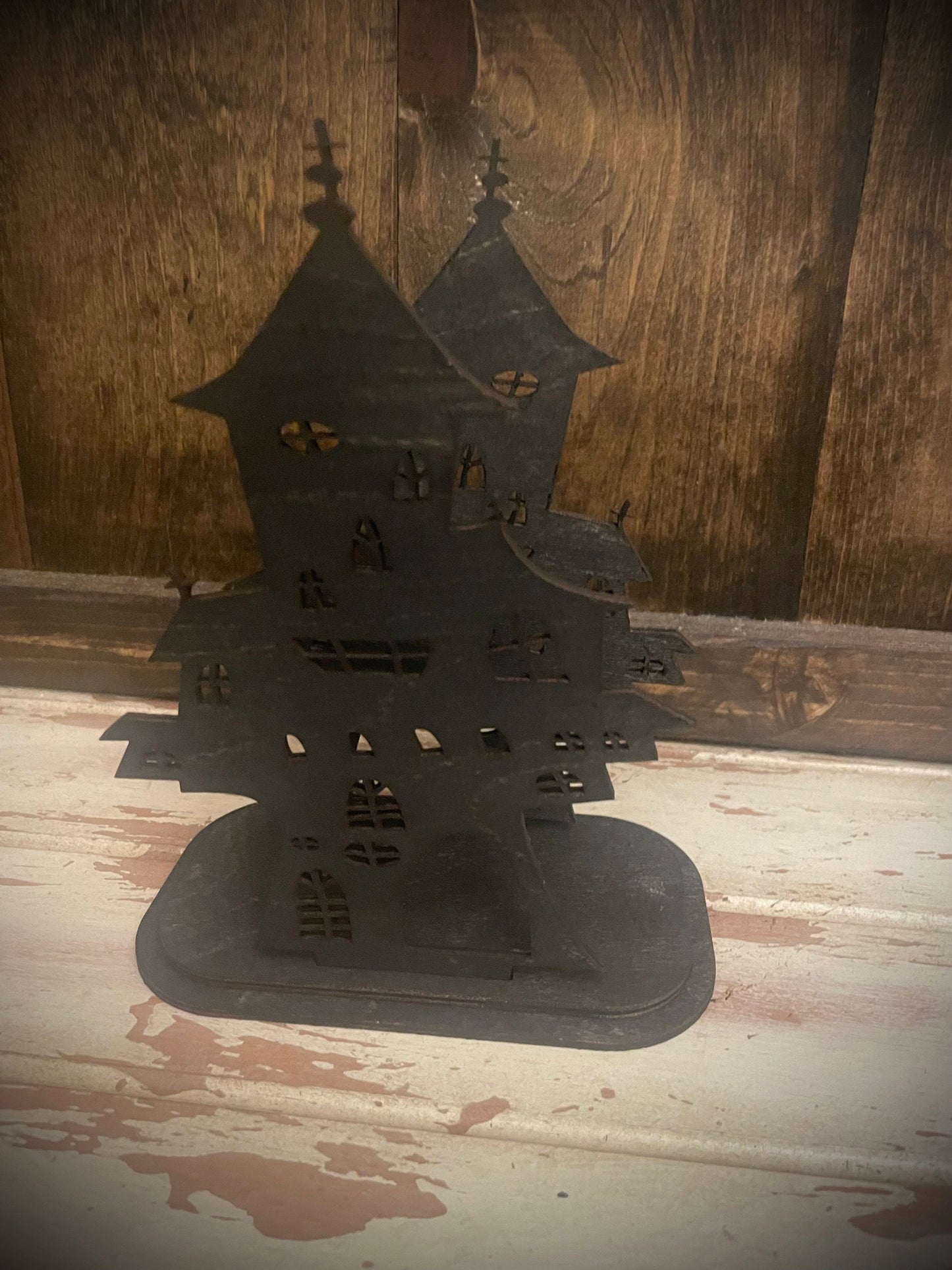 Halloween Haunted House Wood Napkin Holder & Tabletop Decor | 12 Finishes