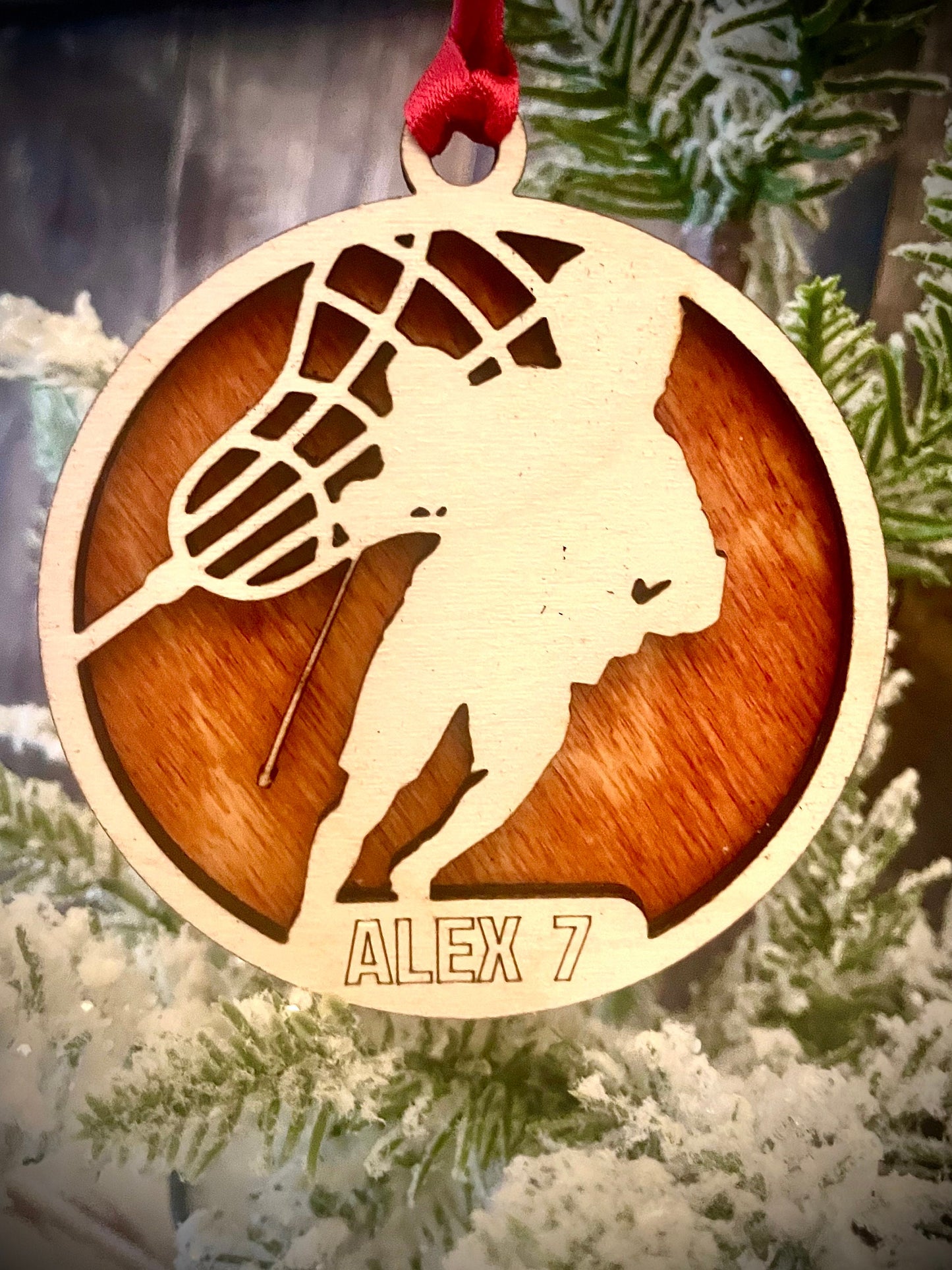 Lacrosse Player Personalized 2-Layer Wood Christmas Ornament & Gift Tag | Multiple Finishes | Lacrosse Gift (#1)