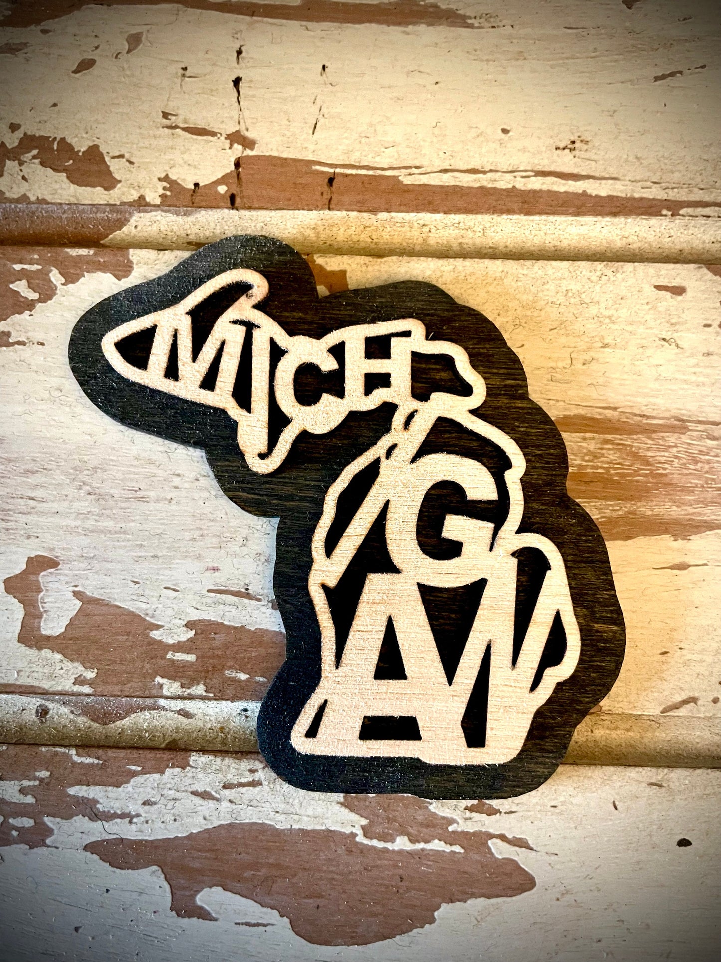 Michigan Word Art 2-Layer Wood Refrigerator Magnet | 12 Finishes | State Pride Gift