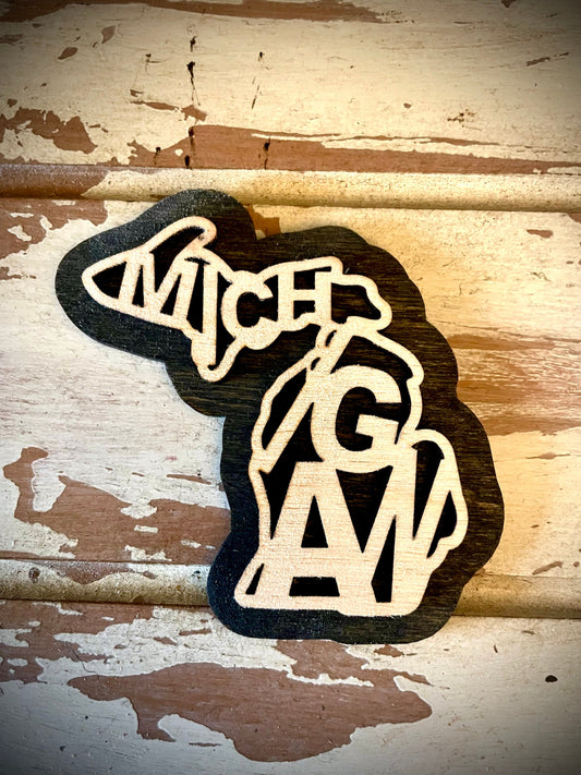 Michigan Word Art 2-Layer Wood Refrigerator Magnet | 12 Finishes | State Pride Gift
