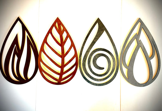 Boho 4 Elements Wood Wall Art | Earth, Water, Wind & Fire Teardrop | 4-Panel Set | Multiple Sizes & Finishes