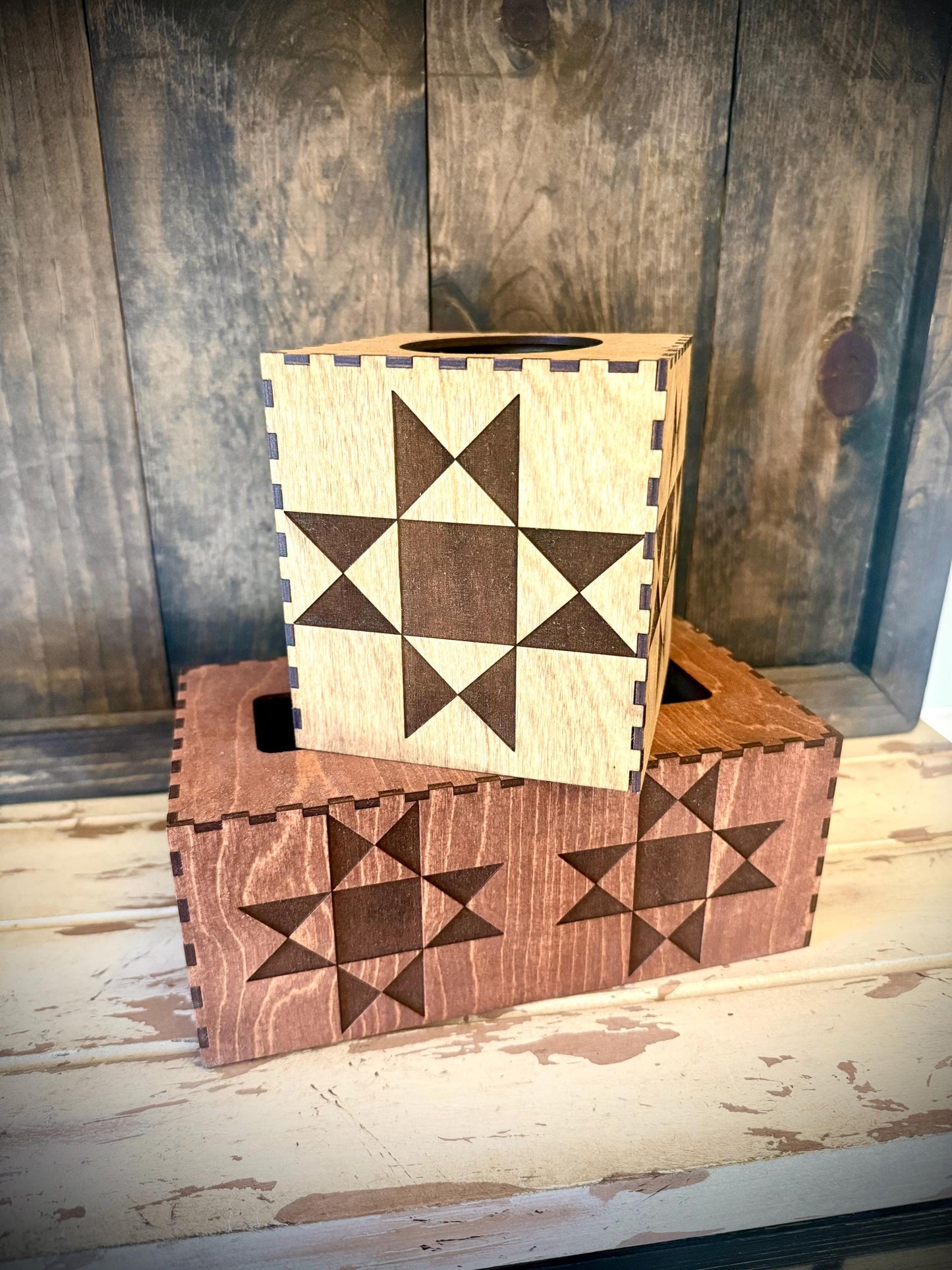 Quilt Pattern Engraved Wood Tissue Box Cover | Square, Oblong & Costco Sizes | 12 Finishes