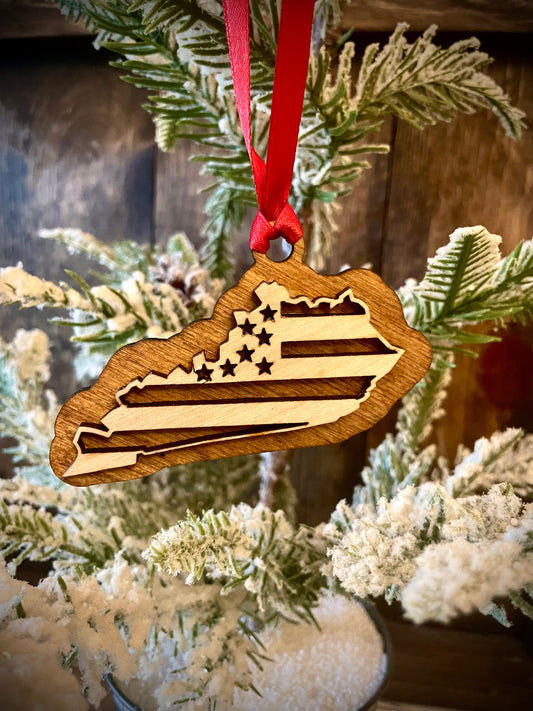 Kentucky US Flag Wood Ornament & Gift Tag | 12 Finishes | State Pride Gift