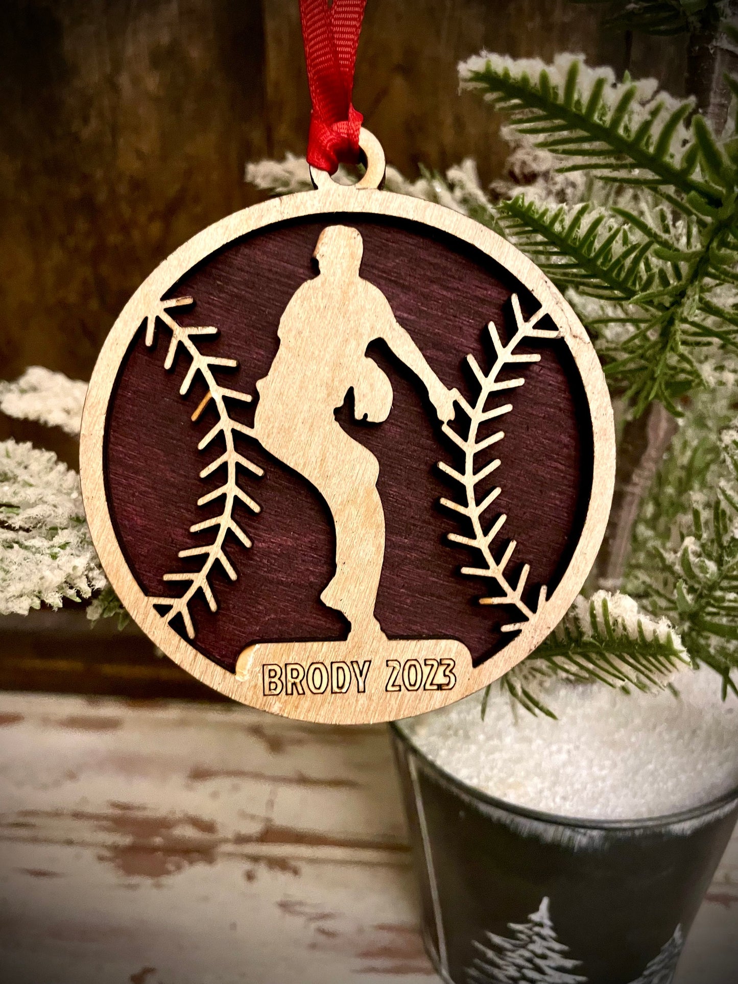 Left-Handed Pitcher Baseball Player Personalized 2-Layer Wood Christmas Ornament & Gift Tag | Multiple Finishes | Baseball Gift (#1)
