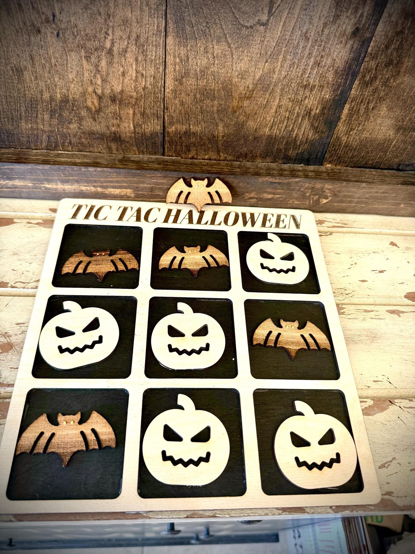 Tic Tac Halloween Wood Game | Laser Engraved | 12 Finishes | Halloween & Fall Gift