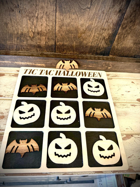 Tic Tac Halloween Wood Game | Laser Engraved | 12 Finishes | Halloween & Fall Gift