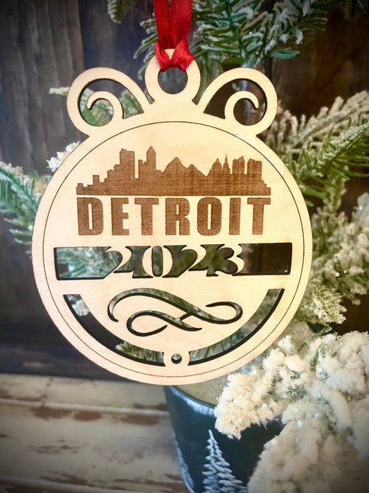 Detroit Skyline Wood Ornament | Choice of Year | 4" x 4.75" | Travel Souvenir Gift