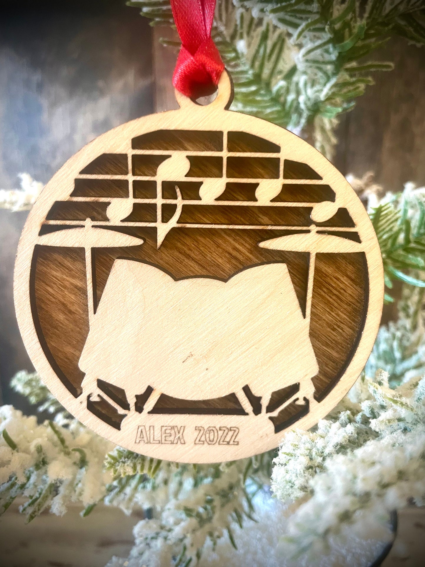 Drum Set Personalized 2-Layer Wood Christmas Ornament & Gift Tag | Multiple Finishes | Music Gift