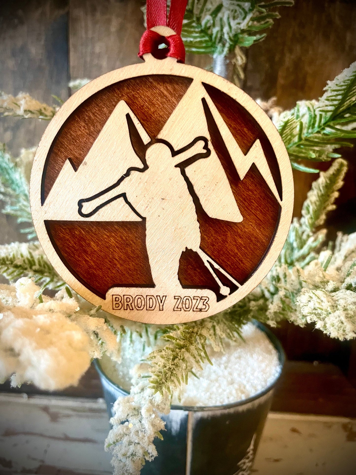 Skier Skiing Personalized 2-Layer Wood Christmas Ornament & Gift Tag | Multiple Finishes | Skiing Gift (#1)