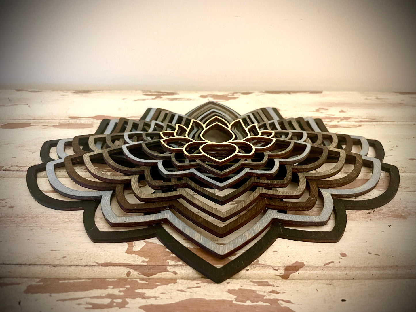 Boho Lotus Flower Mandala Stacked 3D Wood Table & Wall Art | 8 Layers | Brown or Gray Tones