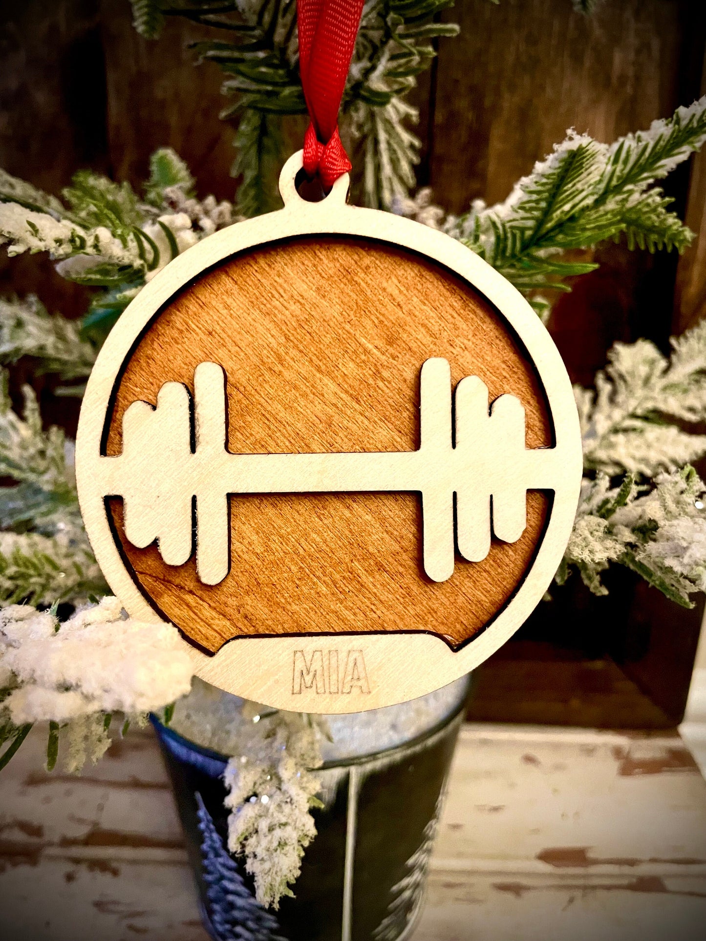 Barbell Dumbbell Weightlifter Personalized 2-Layer Wood Christmas Ornament & Gift Tag | Multiple Finishes | Fitness Gift
