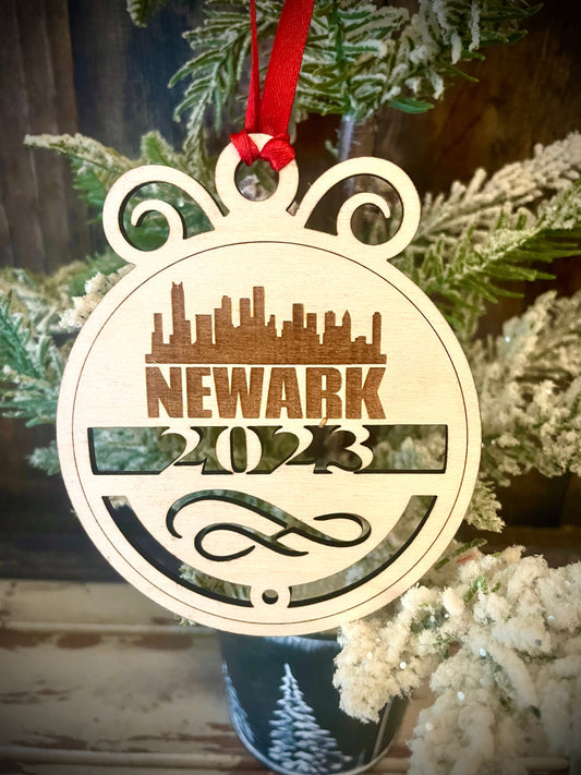 Newark Skyline Wood Ornament | Choice of Year | 4" x 4.75" | Travel Souvenir Gift