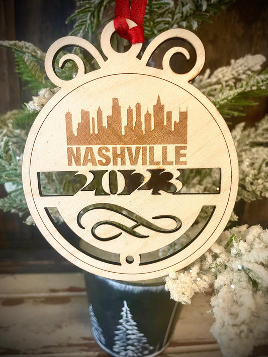 Nashville Skyline Wood Ornament | Choice of Year | 4" x 4.75" | Travel Souvenir Gift