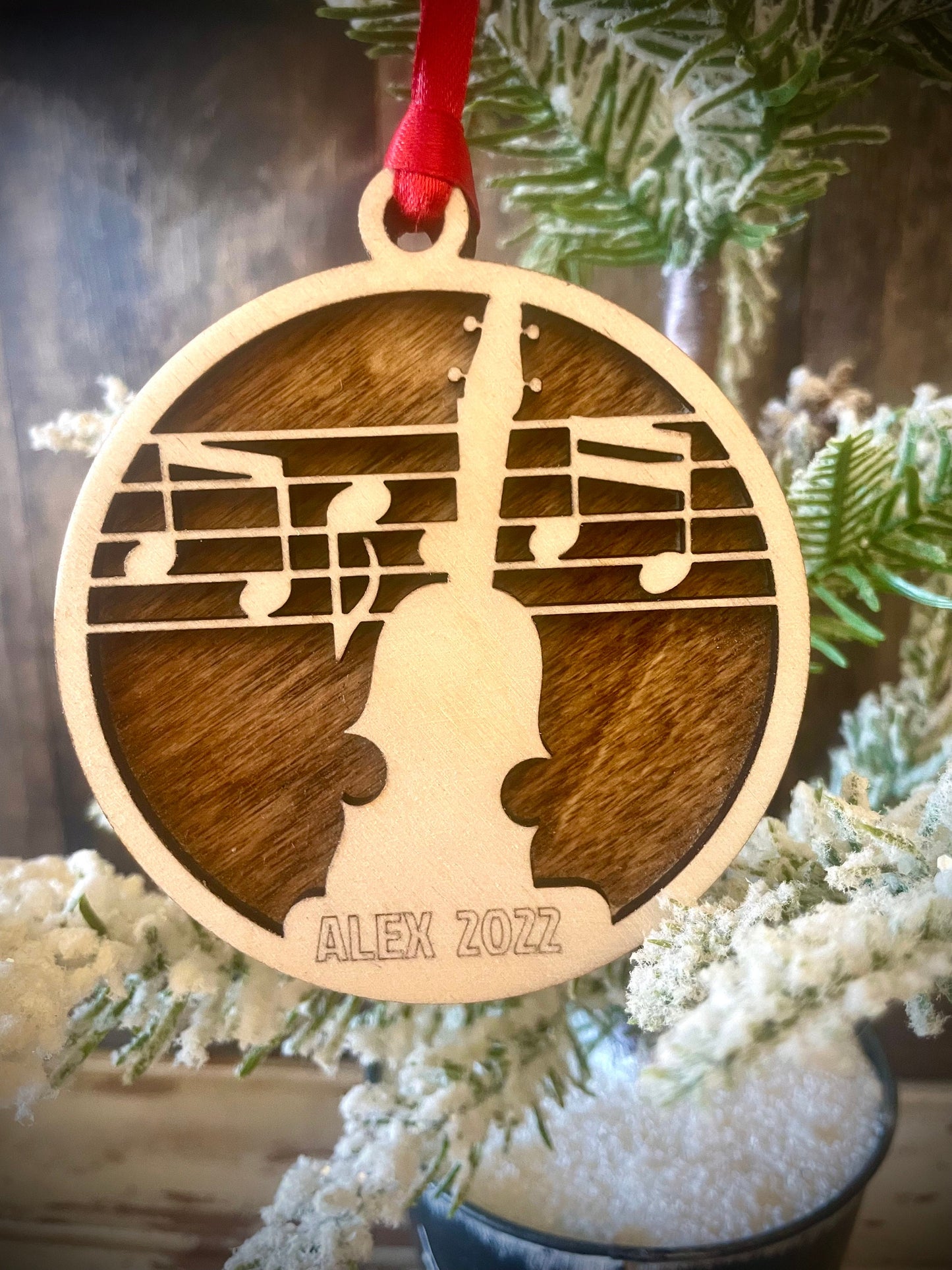 violin 2-layer personalized laser cut wood Christmas ornament, gift tag available unfinished or stained