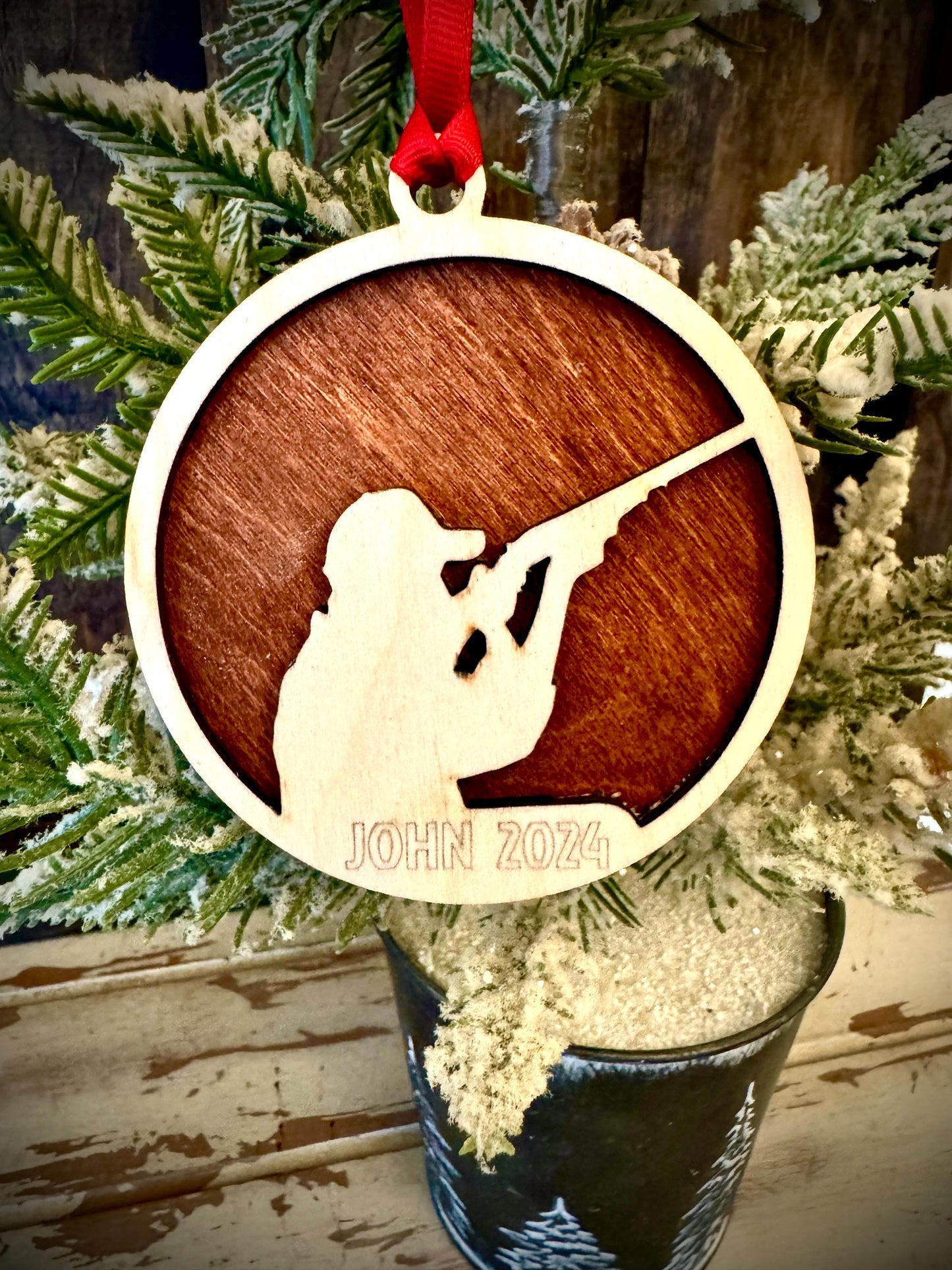 Skeet Shooter Clay Shooting Personalized 2-Layer Wood Christmas Ornament & Gift Tag | Multiple Finishes | Hunting Gift