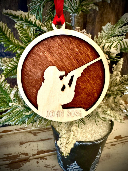 Skeet Shooter Clay Shooting Personalized 2-Layer Wood Christmas Ornament & Gift Tag | Multiple Finishes | Hunting Gift