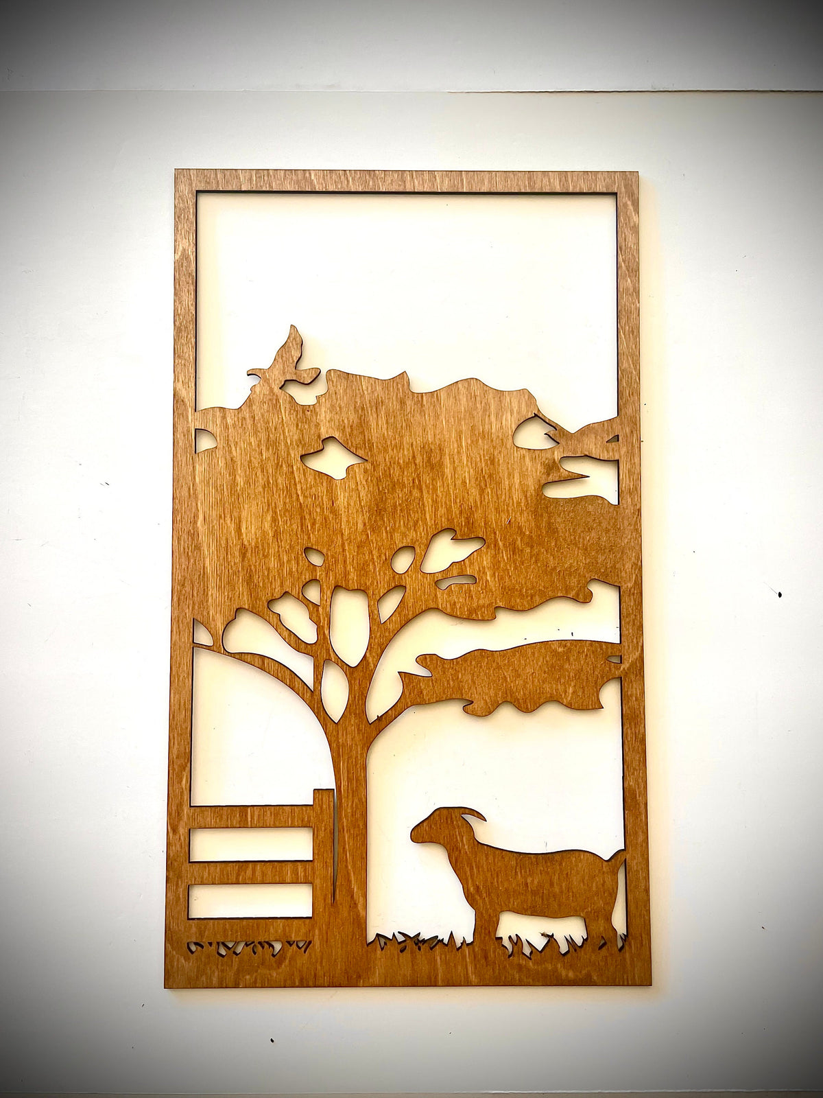 Farm Scene with Goat & Barn 3-piece decorative wall panel set, detail view of tree and goat panel