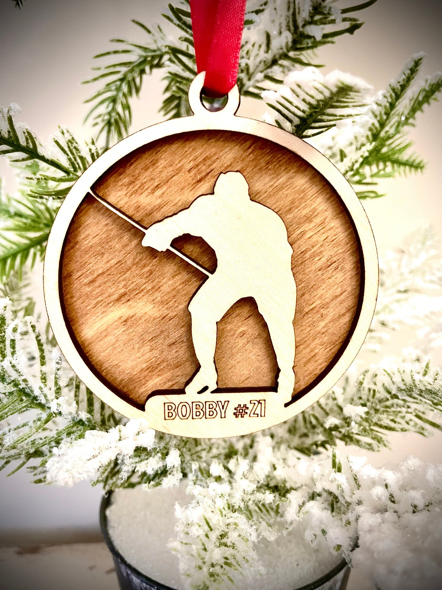 Hockey Player Skater Personalized 2-Layer Wood Christmas Ornament & Gift Tag | Multiple Finishes | Hockey Gift (#5)