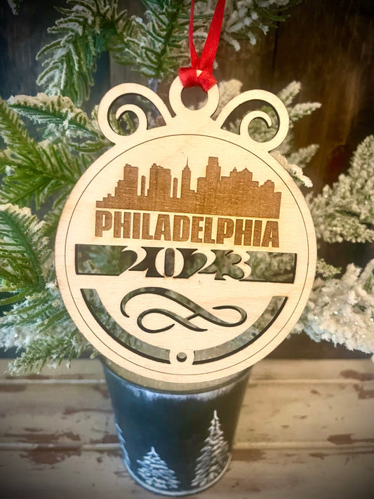 Philadelphia Skyline Wood Ornament | Choice of Year | 4" x 4.75" | Travel Souvenir Gift