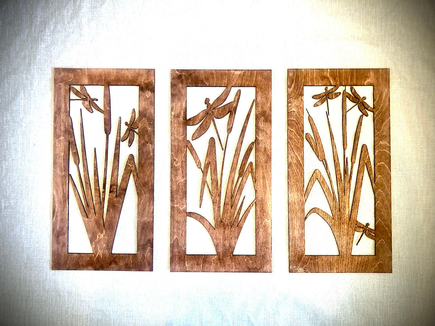 Dragonfly & Cattail Wood Wall Art | 3-Panel Set | Multiple Sizes & Finishes
