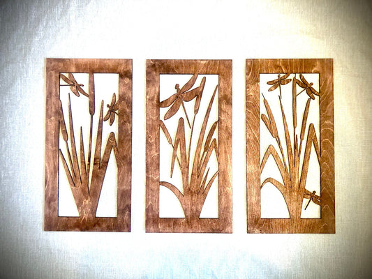 Dragonfly & Cattail Wood Wall Art | 3-Panel Set | Multiple Sizes & Finishes