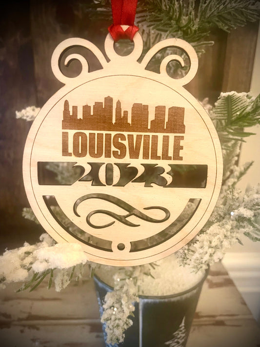 Louisville Skyline Wood Ornament | Choice of Year | 4" x 4.75" | Travel Souvenir Gift